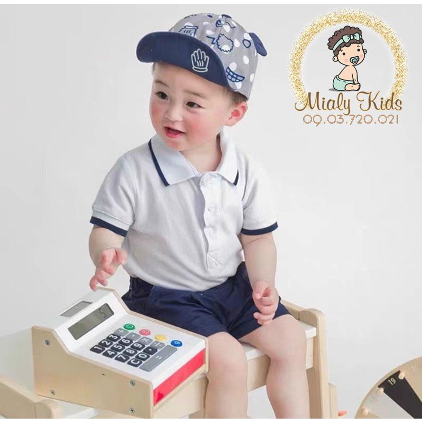 Set yếm công tử áo polo 2 màu trắng-xanh cho bé trai (6-16Kg) - Vải thun cá sấu co dãn thoải mái cho bé