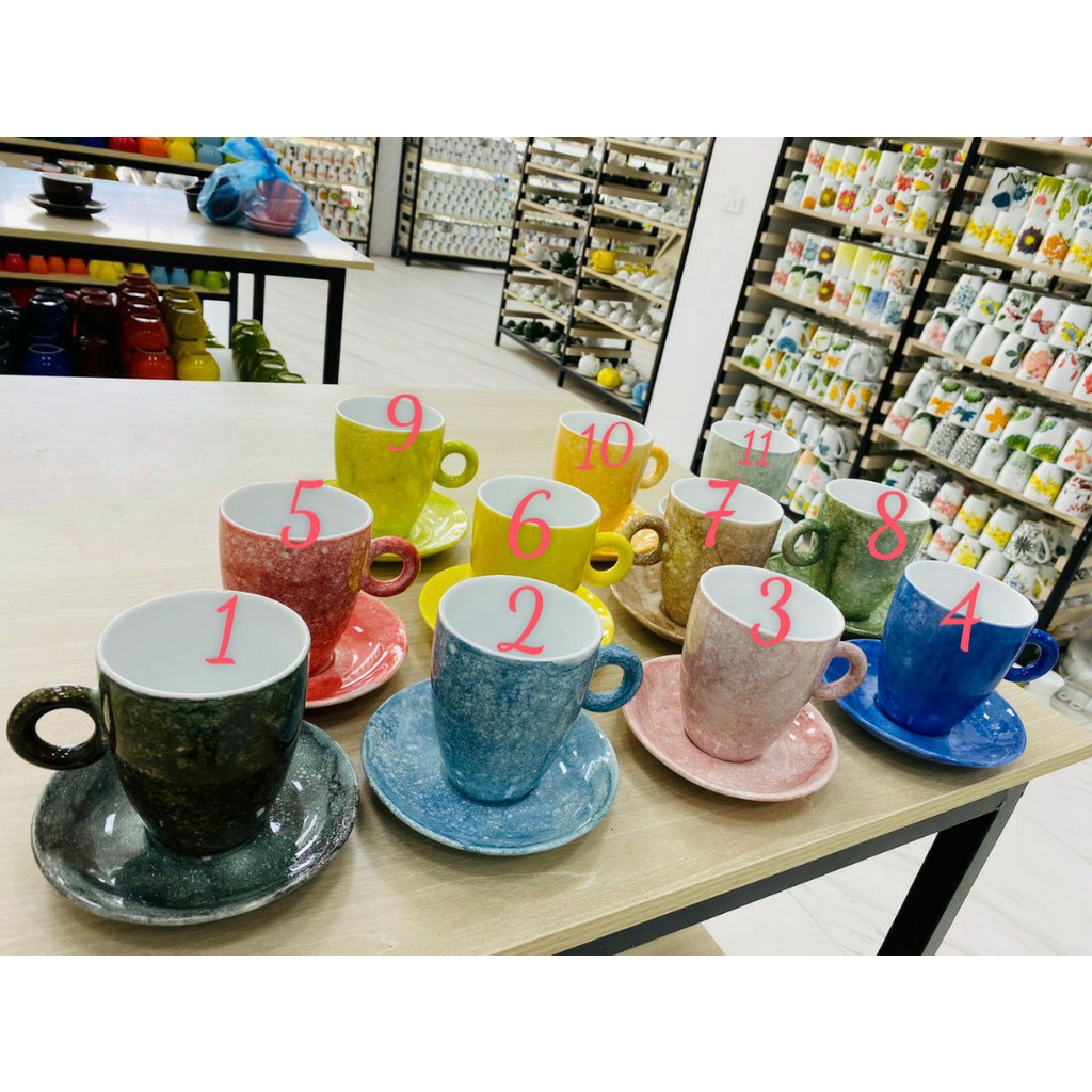 Set 3 ly cà phê vân đá kèm đĩa