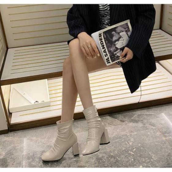 Giày Boot Nữ/ Giày Boot Cổ Thấp 7Cm Da Nhăn Bóng Hai Màu Đen Kem Trắng Cực Sang Chảnh Đế Vuông Mũi Vuông | BigBuy360 - bigbuy360.vn