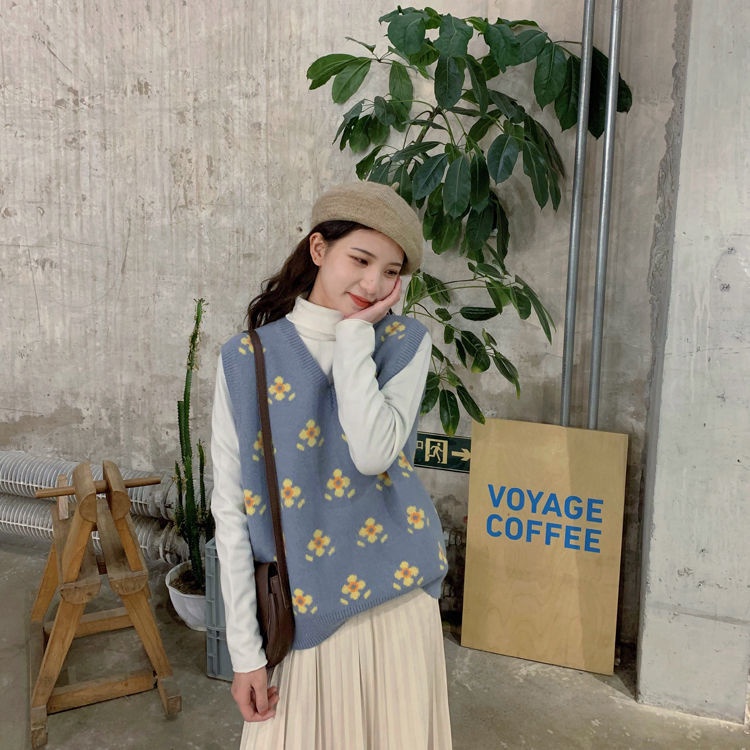 Áo len không tay cổ chữ v dáng rộng thời trang phong cách Hàn Quốc