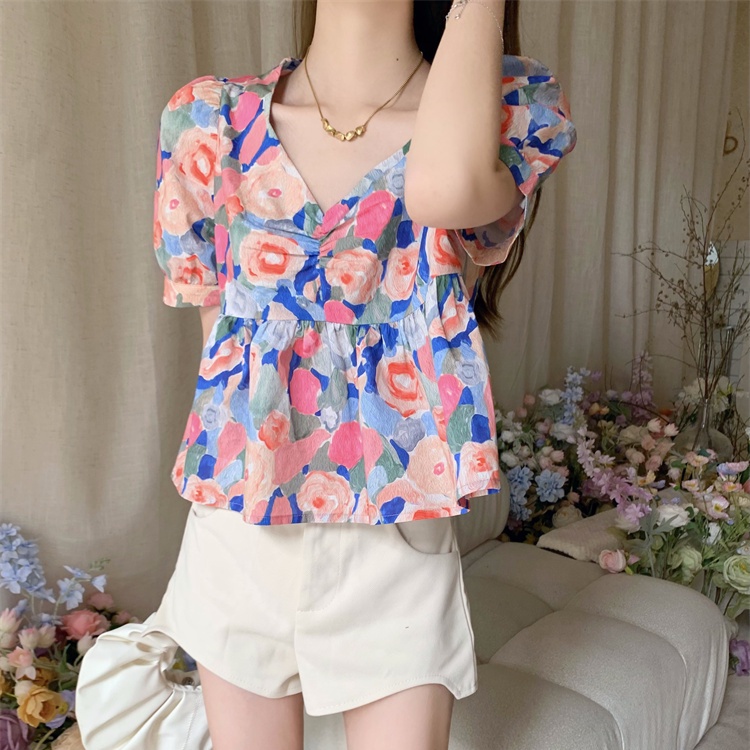 SUXI Áo Sơ Mi Tay Ngắn Cổ Chữ V Dáng Ôm In Họa Tiết Hoa Kiểu Vintage Thời Trang Mùa Hè