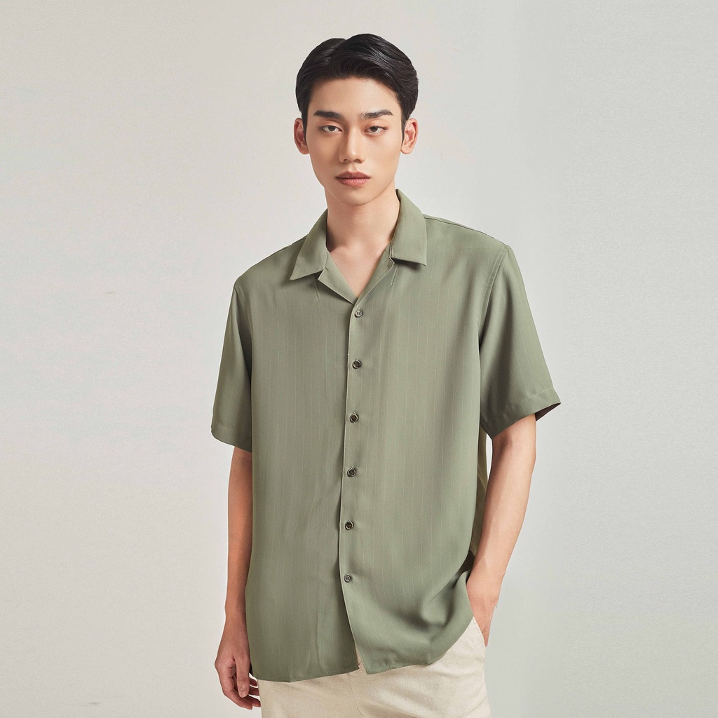 Áo sơ mi ngắn tay nam họa tiết HIGHWAY MENSWEAR Malek Cuban Shirt - kẻ be