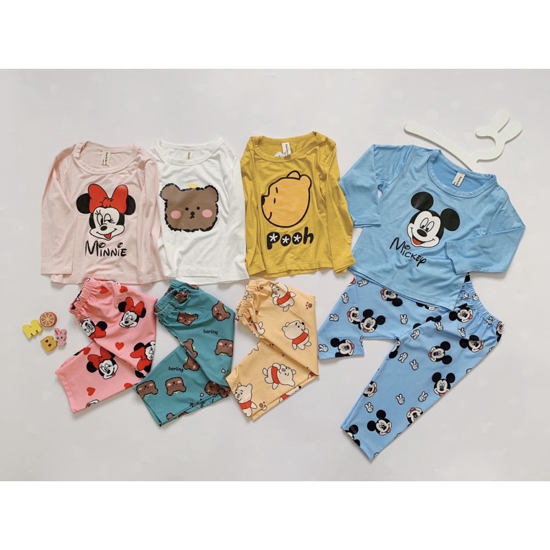 MBkid Bộ Dài Tay Quần Dài Áo Thun Lạnh Quần Thun QC Hoạ Tiết Hoạt Hình Mickey Minnie Gấu Pooh Cho Bé Từ 6kg Đến 21kg