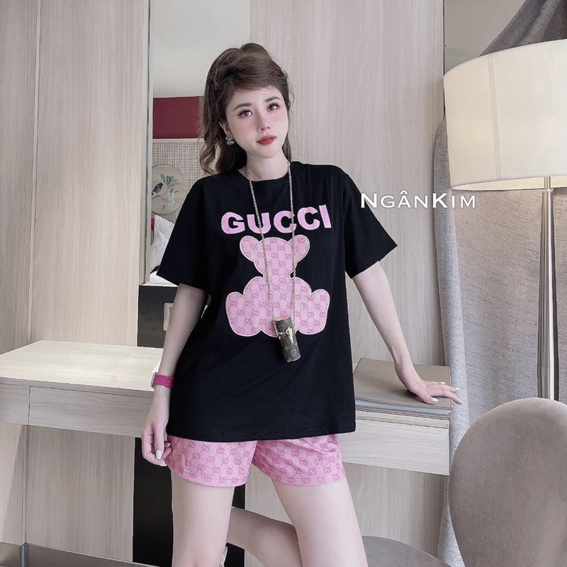 Set áo cotton thêu gấu và quần sooc đùi kaki Bộ đùi mặc ở nhà Bộ ngủ