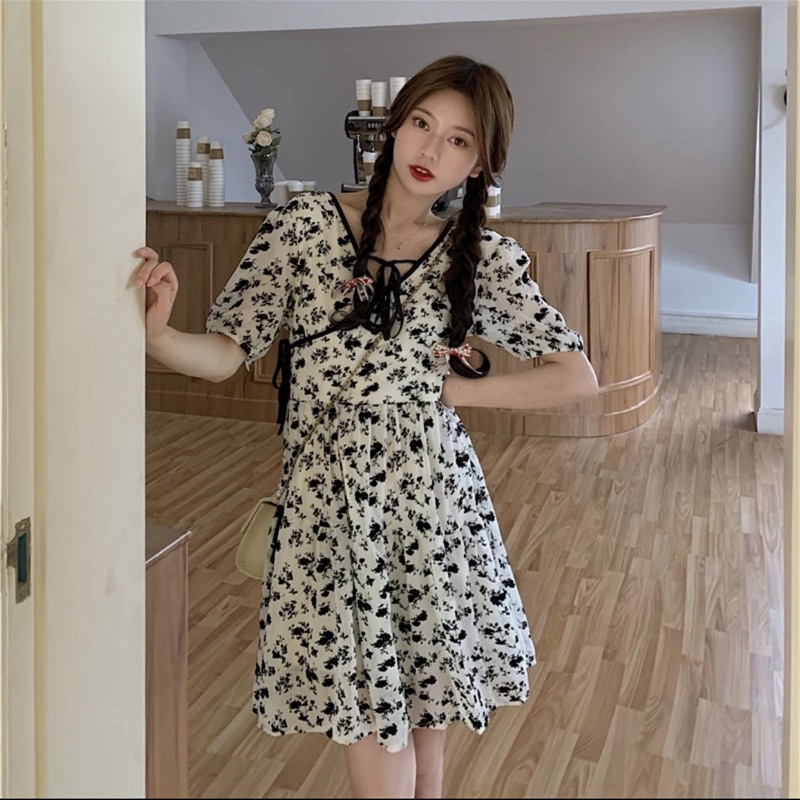 Váy hoa nhí tiểu thư cổ chữ V ulzzang phong cách retro họa tiết cá tính chất liệu cao cấp