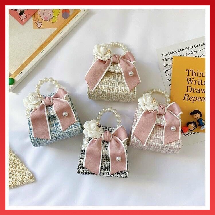 Túi Dạ Cho Bé Gái Quai Ngọc Nơ Hồng Siêu Sang Chảnh