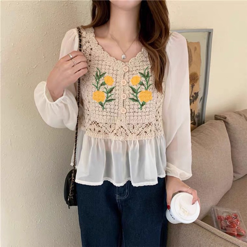 Brroa Áo Peplum Dệt Kim Dài Tay Viền Bèo Nhún Họa Tiết Hoa Cho Nữ