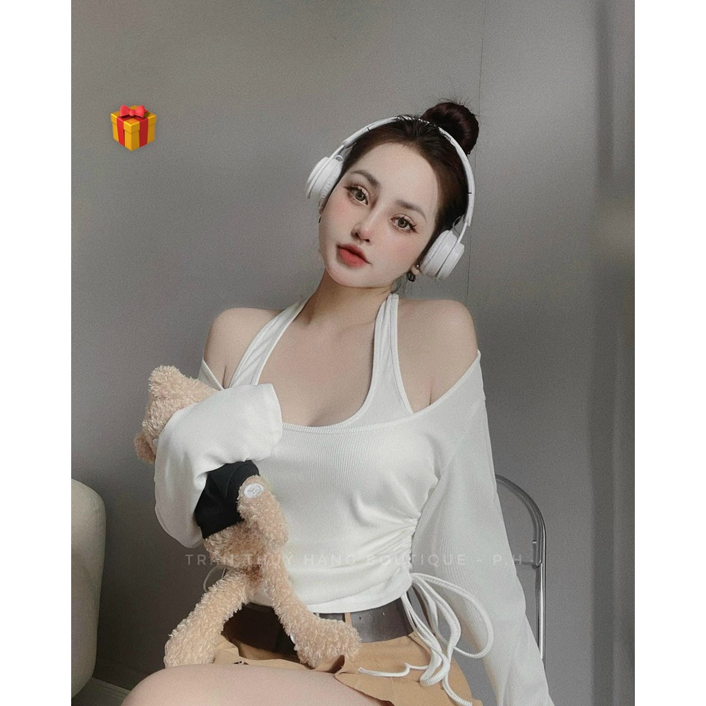 Sét áo yếm croptop trơn phối áo ngoài tay dài trễ vai rút dây 2 bên cực xinh , chất thun gân mềm mịn
