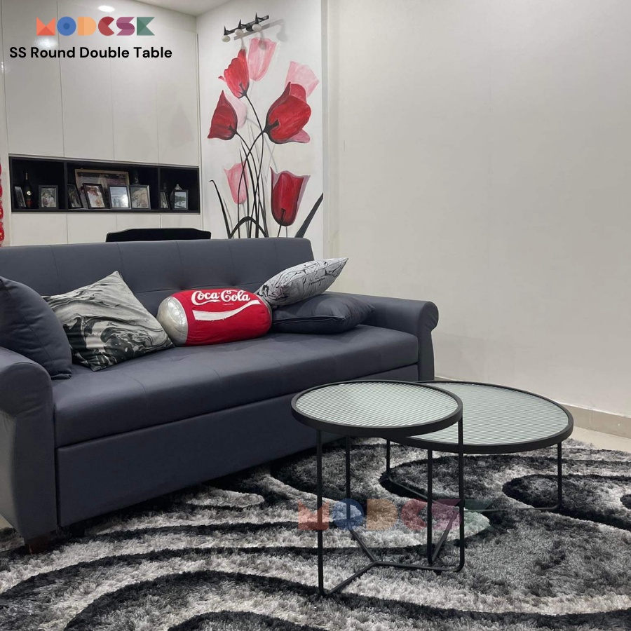 Bàn tròn sofa đôi - trà Modesk SS Round Double Coffee Table khung inox 304 - kính cường lực