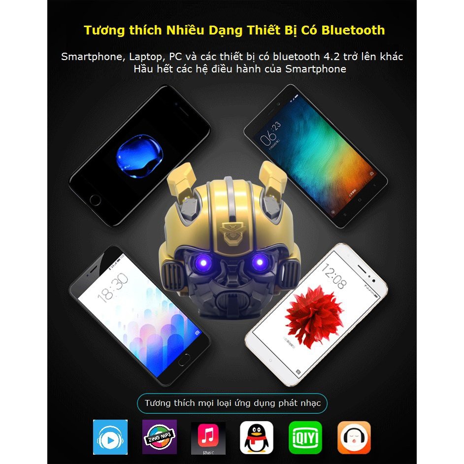 Loa bluetooth nghe nhạc đầu robot Bumblebee mắt đèn led xanh, âm thanh siêu bass sống động