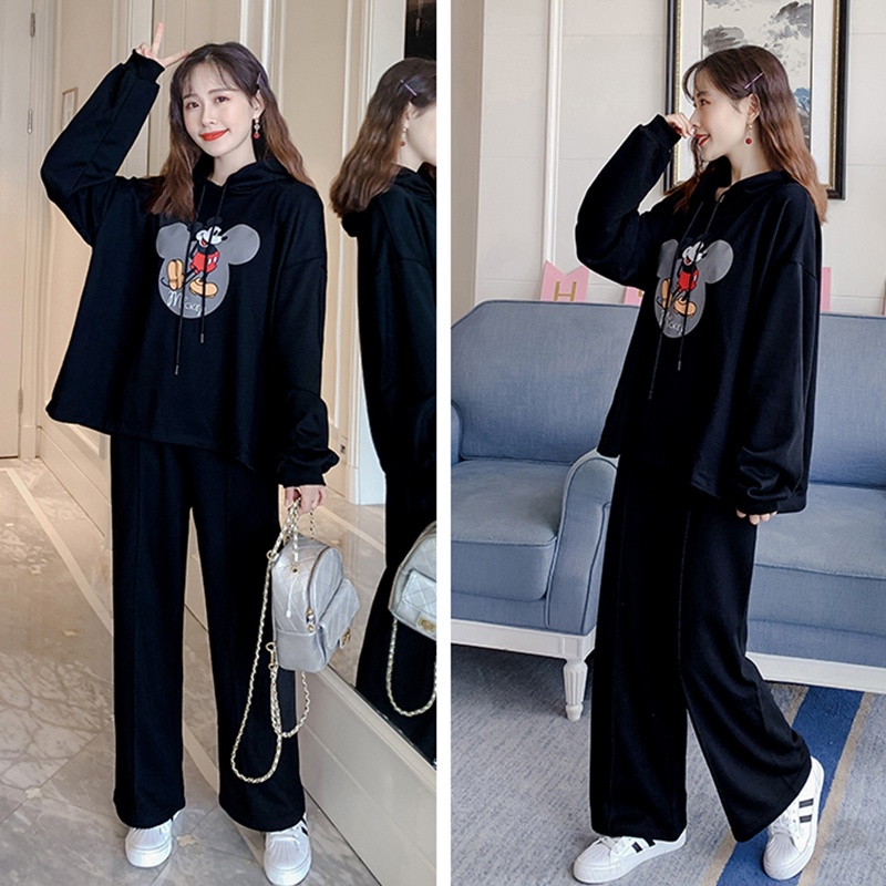 Set Bộ Nỉ Nữ Áo Hoodie Dài Tay In Hình Mickey Kèm Quần Ống Suông Thể Thao Thời Trang Sugal QA NU 027V1