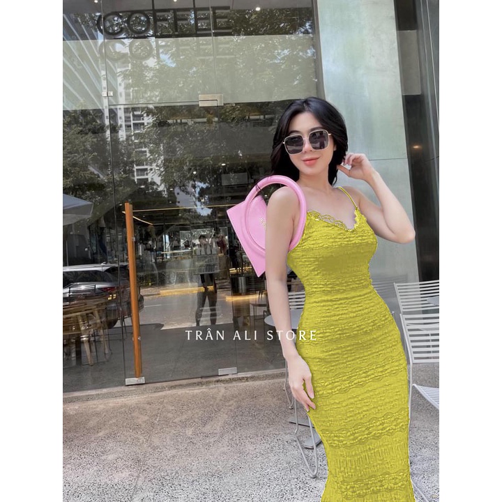 Đầm xốp 2 dây viền ren ôm body dáng dài cực hot , chất thun xốp mềm mịn