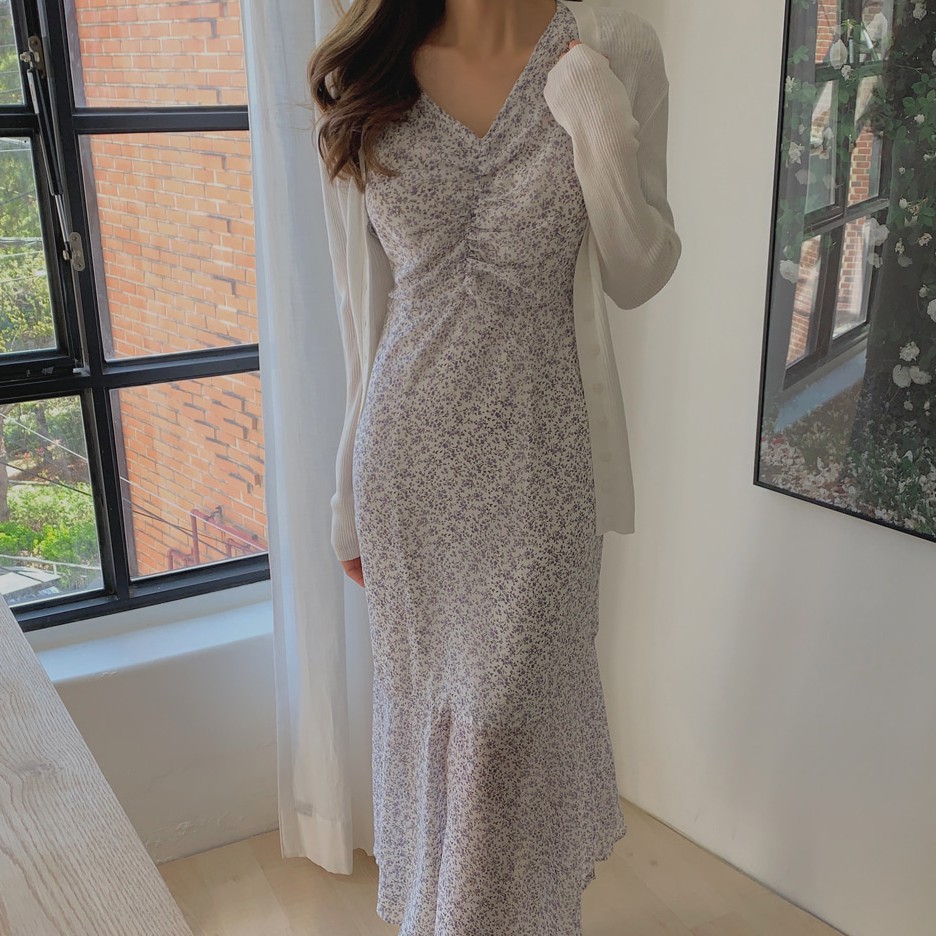 Đầm Voan Hoa Cổ Chữ V Xinh Xắn Theo Phong Cách Hàn Quốc 43033