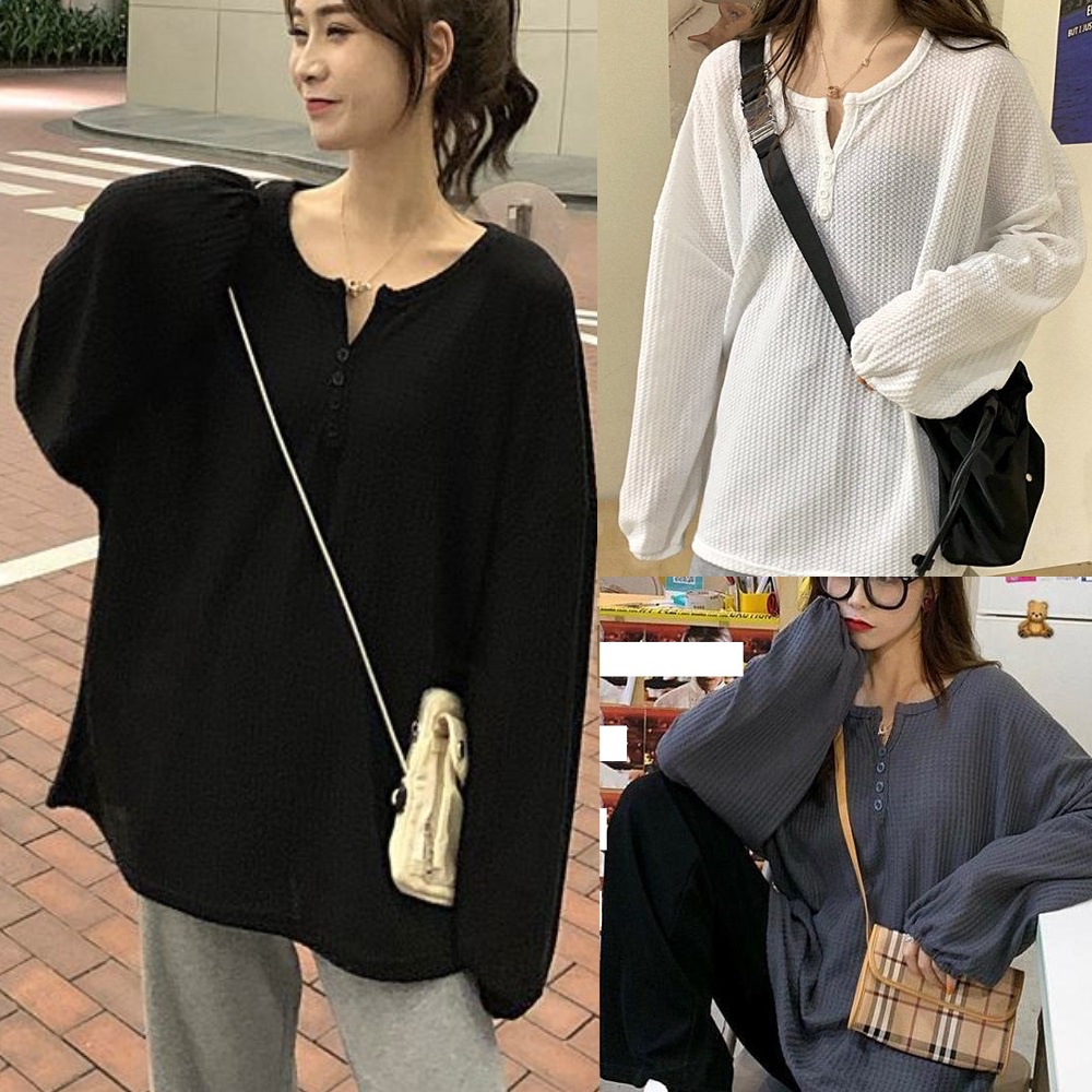 Áo Dài Tay Thu Đông Tay Bo Chun Cổ V A042 Áo Phông Len Mỏng có cúc cài basic vintage đi học đi chơi