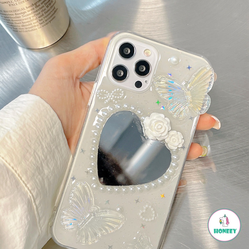 Ốp Điện Thoại TPU Mềm Mặt Gương Trang Điểm Hình Bướm 3D Cho iPhone 14 13 12 11 Pro Max X XS XR 8 7 Plus