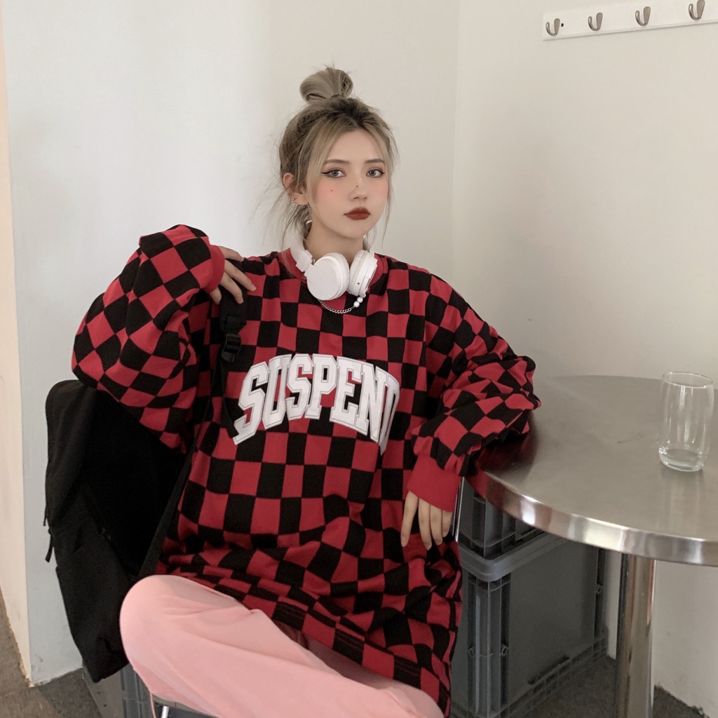 Áo sweater tay dài dáng rộng kẻ sọc caro thời trang Mỹ cổ điển cá tính cho nữ Xiaozhainv | BigBuy360 - bigbuy360.vn