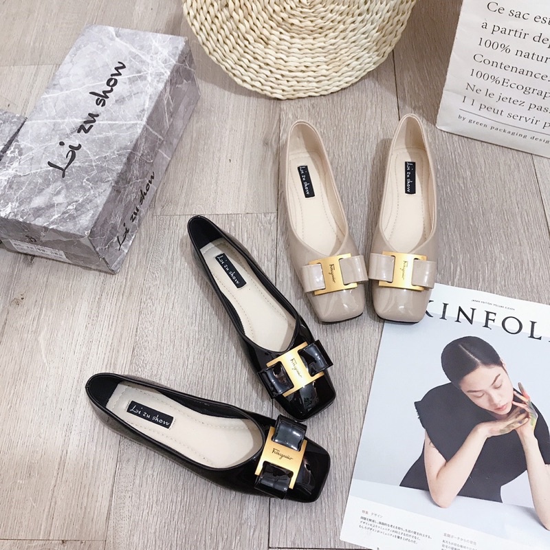 Giày bệt nơ fegamo da bóng mũi vuông lizushow fullbox