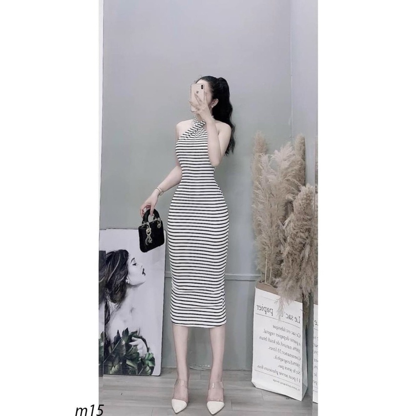 Đầm body cổ chéo chất thun gân co dãn mặc siêu tôn dáng