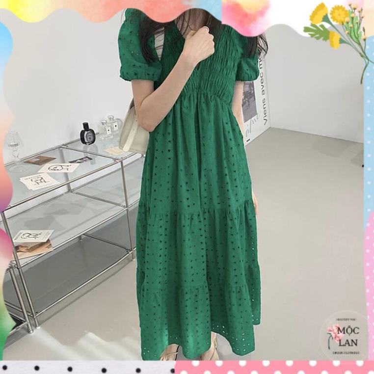 Váy ren hoa đục lỗ maxi dáng dài cổ V sang trọng Hàn Quốc