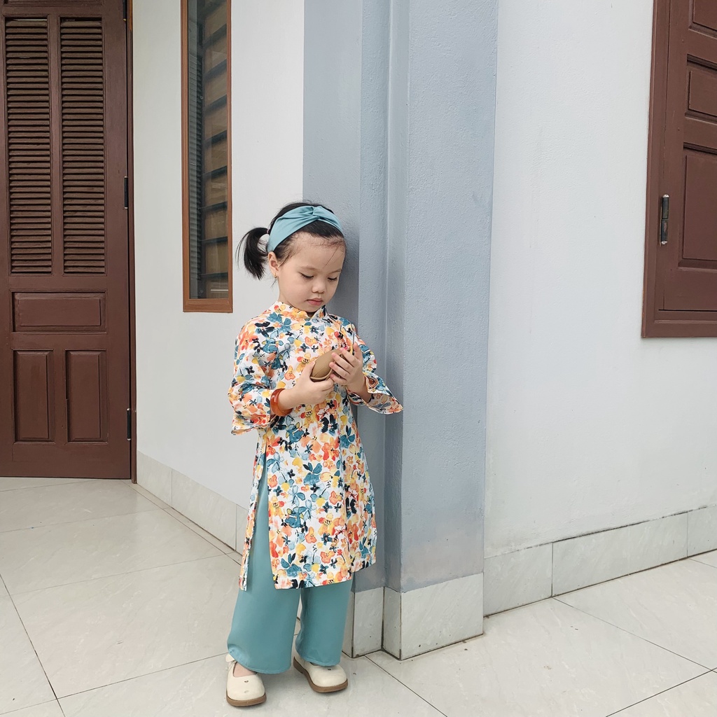 Áo dài cho bé gái Samkids  chất liệu thô cotton quần lụa ngọc trai, họa tiết hoa bướm cực xinh cho bé