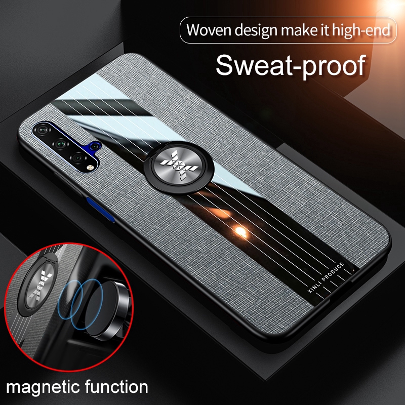 Ốp điện thoại mềm lưng ốp vải có nhẫn đỡ nam châm cho Huawei Honor 10 20 V10 V20 8X Max 9X Pro Play 3