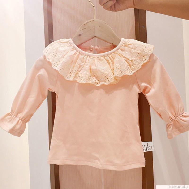 Áo thun cotton tay dài phối ren màu trơn kiểu công chúa dễ thương cho bé gái