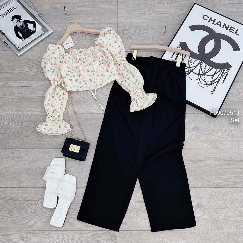 Set áo croptop hoa cột dây tay bo chun kiểu kèm quần TT0907