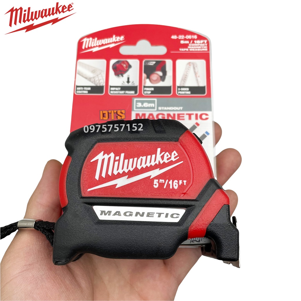 Thước kéo 5m cao cấp Milwaukee Mỹ siêu bền, thước cuộn thép nền trắng công nghiệp độ chính xác tuyệt đối, chống va đập