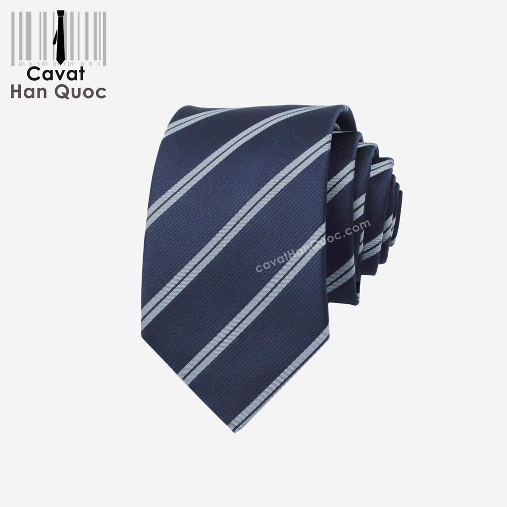 Cà vạt Nam xanh than kẻ 2 sọc chéo ghi xám phong cách Hàn Quốc