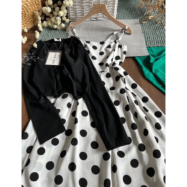 Set đầm 2 dây bi kèm khoác