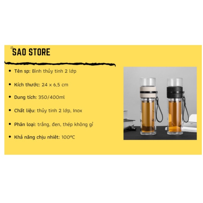 BÌNH CHAI THỦY TINH LƯỚI LỌC 400ML HAI LỚP CAO CẤP