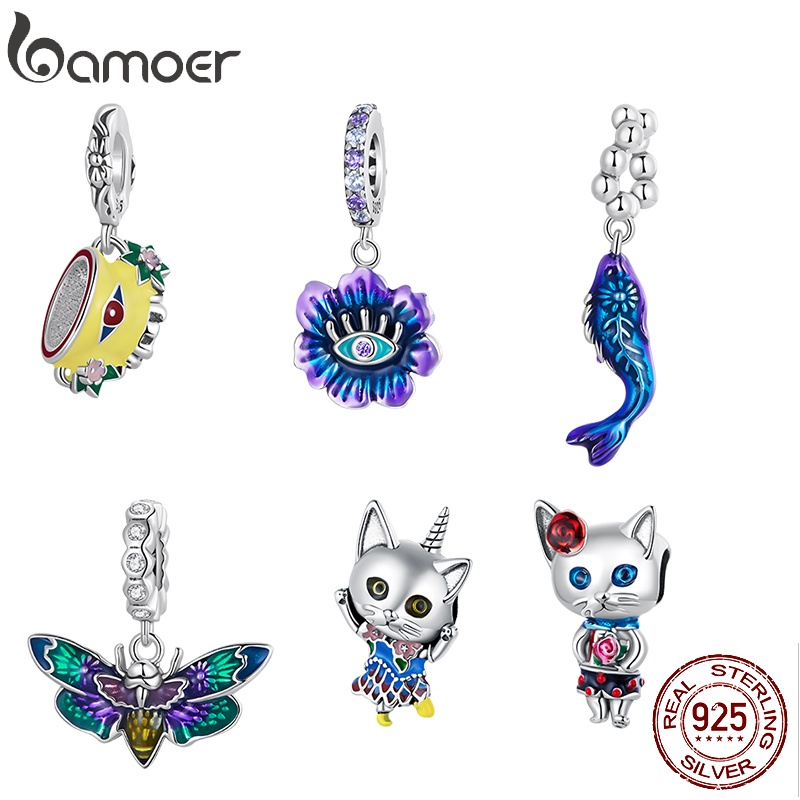 BAMOER Mặt Vòng cổ Bạc 925 Hình Hoa / Ong / Mèo / Cá Độc Đáo Thời Trang DIY