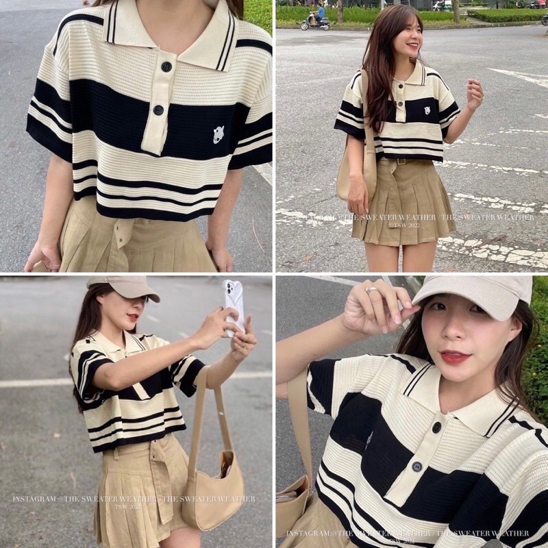 Áo croptop nữ len kẻ dệt kim dáng rộng tay ngắn polo cổ đức phong cách Hàn Quốc cá tính (TTA132)