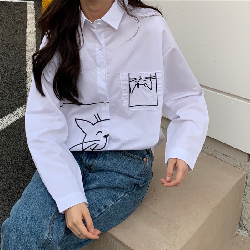 Áo sơ mi ZHELIHANGFEI tay dài dáng rộng họa tiết hình con mèo phong cách học đường dễ phối đồ