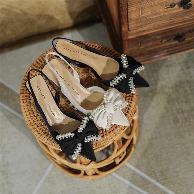 ❤️Giày cao gót 7 phân❤️ Giày Sandal mũi nhọn Nơ Ngọc to mới gót nhọn có quai hậu đi chắc chân