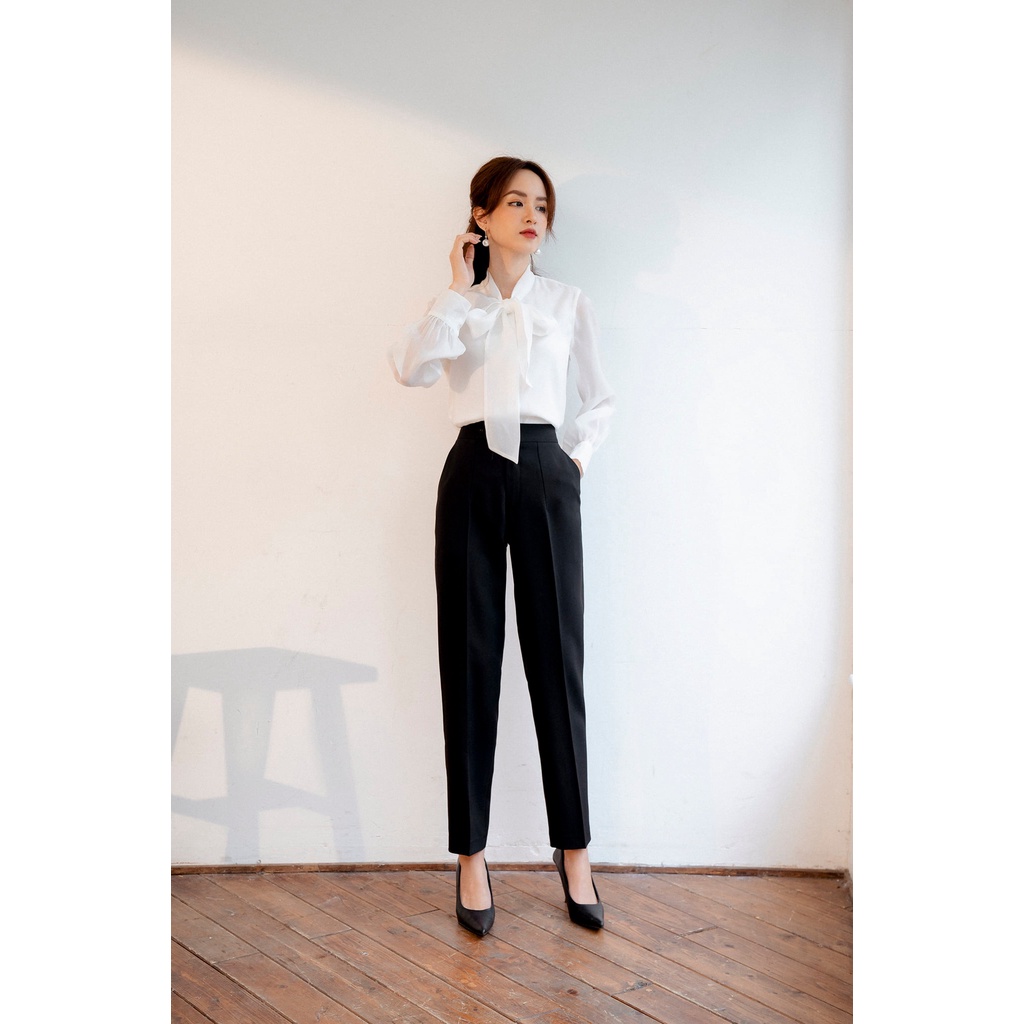 Áo sơmi tơ cổ thắt nơ tay măng sec TIINSTORE AHD408