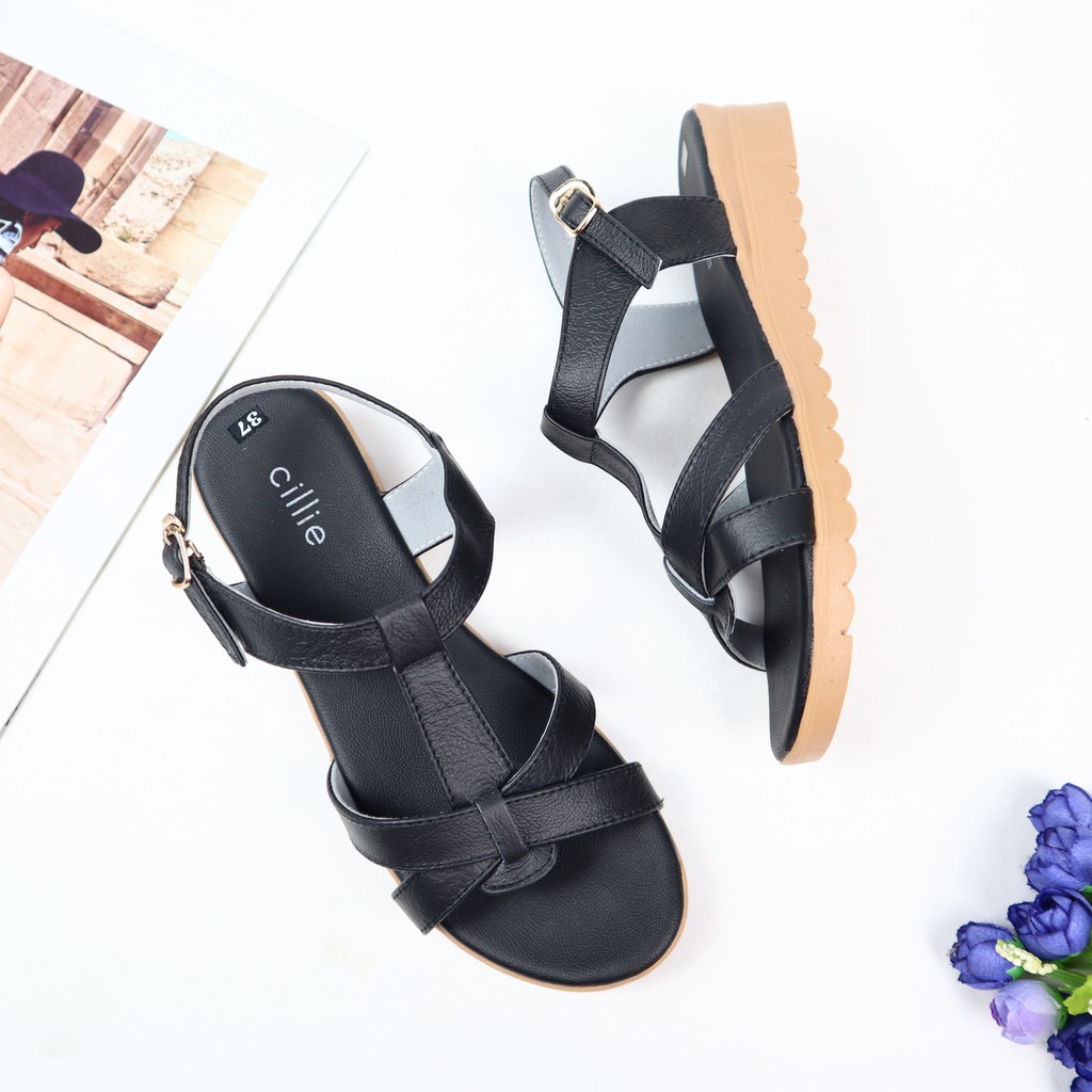 Giày sandal nữ da thật đế bệt êm mềm ôm chân cao 3cm mang đi làm đi học Cillie 1008