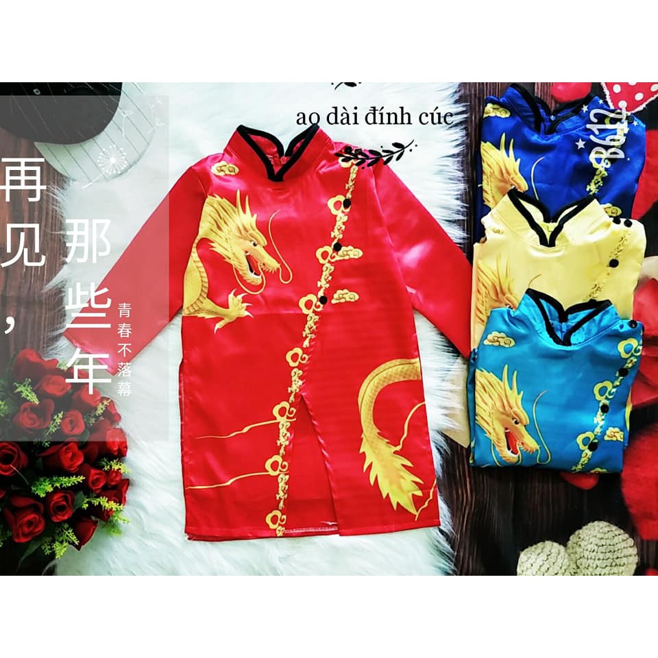 Áo dài phi lụa cao cấp in hình rồng cho bé