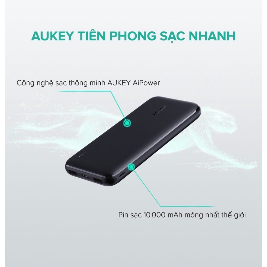 Pin Sạc Dự Phòng Aukey PB-N73 /N73S 10000mAh PD 18W 1C+1A,2 Cổng USB-C Sạc Nhanh PD 18W + USB-A QC 3.0 18W