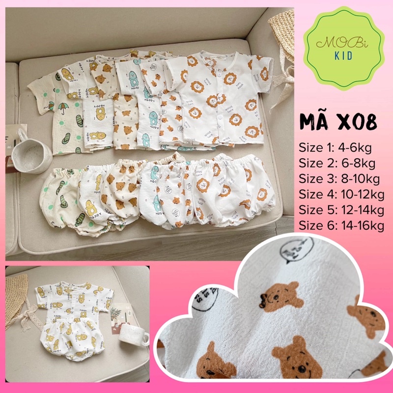 X08 Bộ Chip Quần Bí Bo Chun Áo Cài Giữa Chất Xốp Cho Bé Sơ Sinh 4kg Đến 16kg