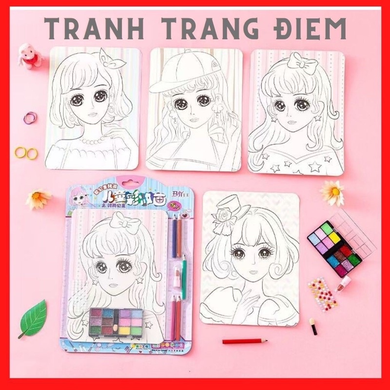 BỘ 4 TRANH VẼ TRANG ĐIỂM CỔNG CHÚA MÃ TT, BỘ ĐỒ CHƠI TÔ MÀU TRANG ĐIỂM CHO BÉ GÁI HEADSHO