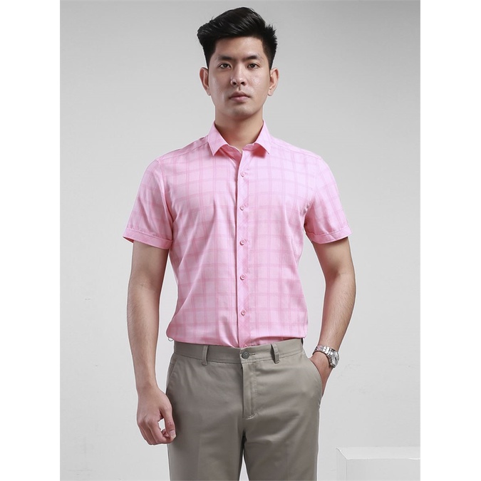Áo sơ mi ARISTINO ngắn tay sợi tre  mềm mát ,kẻ hồng nổi bật-slim-tà lượn ASS061S8