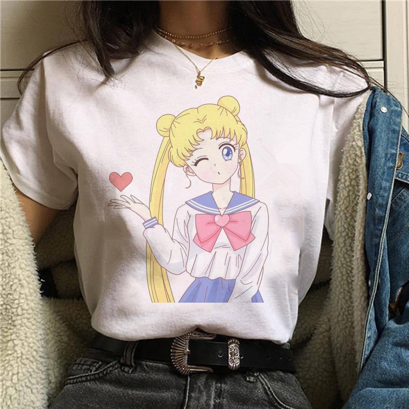 Thủy thủ Mặt trăng Phim hoạt hình dễ thương Áo phông nữ tay ngắn mỏng màu trắng Top Anime T-shirt