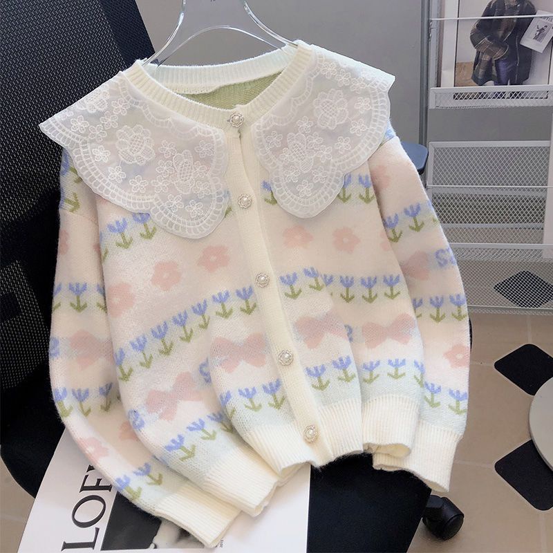 Áo Khoác Cardigan Dệt Kim Tay Dài Phối Ren Hoa Thiết Kế Cổ Búp Bê Nữ Tính  tao bao