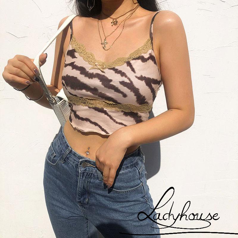 LD-Women Summer Sleeveless Crop Tops V-neck Print Lace Ruffle Backless Camisole Lady Sexy Slim Clubwear