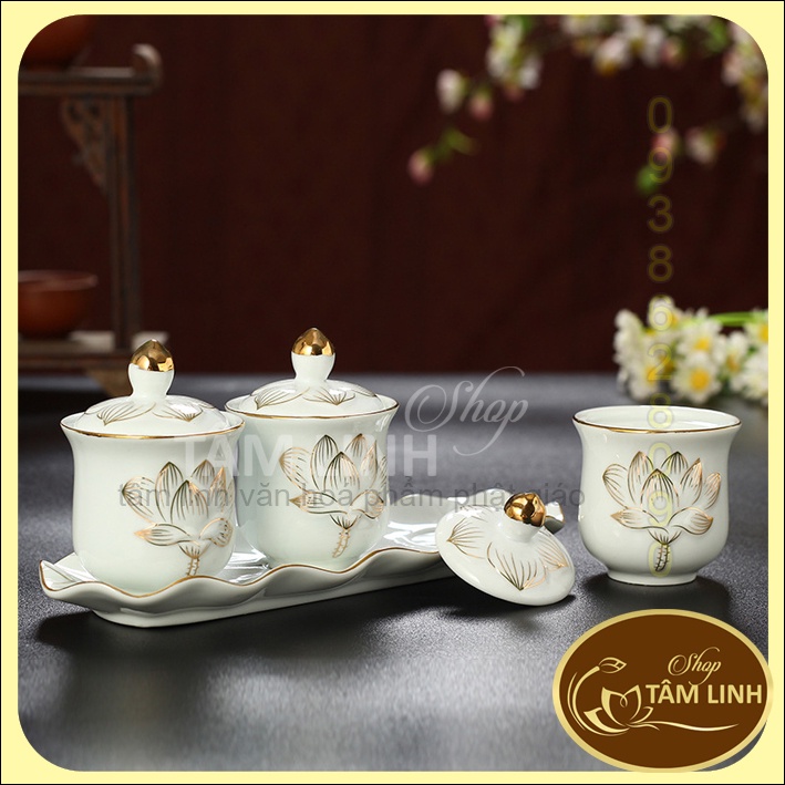 Bộ án 3 ly sứ bạch ngọc có nắp