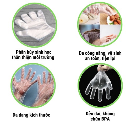 Găng tay tự hủy sinh học vệ sinh an toàn, tiện dụng, găng tay nilon dùng 1 lần