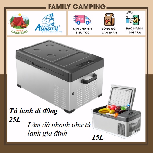 Tủ lạnh di động dùng cho ôtô xe hơi gia đình cắm trại, du lịch 15L và 25L làm đá như tủ lạnh gia đình nhiệt độ -20 độ C
