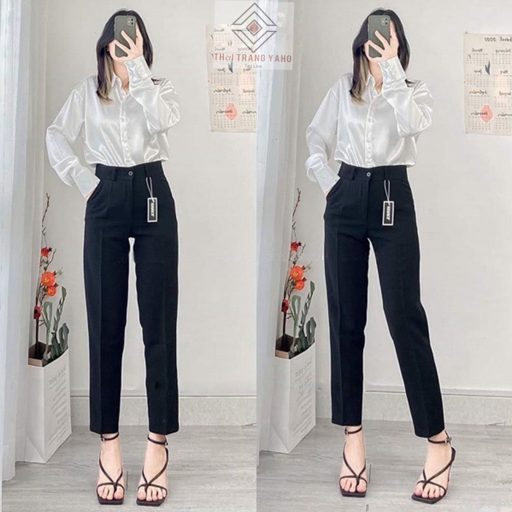 Quần tây nữ công sở lưng cao dáng dài màu đen chất vải tuyết mưa mềm - Quần baggy nữ bigsize đi học cạp cao ống đứng co