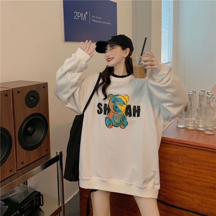 Áo thun nỉ ZHELIHANGFEI tay dài dáng rộng in hình gấu đáng yêu